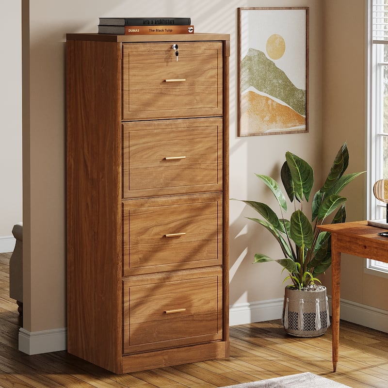 Vertical File Cabinet with 4 Drawers, Lockable Filling Cabinet with Key for Home Office - Brown