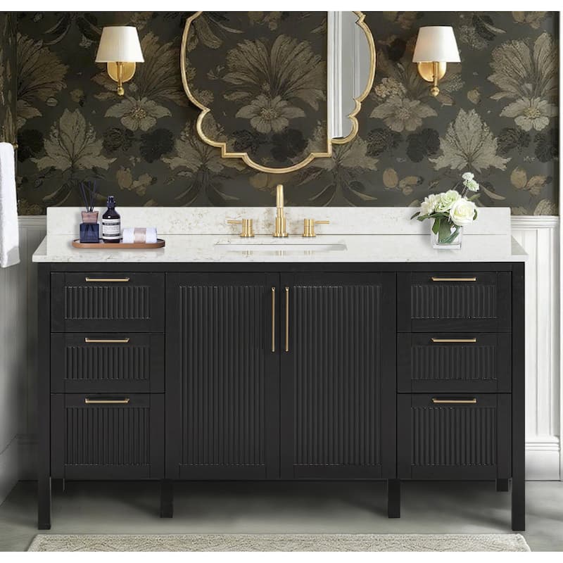 Luka Bathroom Vanity in Black Oak with Alluring Quartz Top - 61"W x 22"D x 35"H