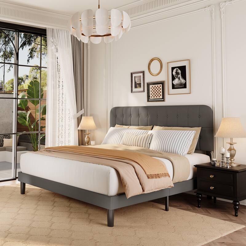Full / Queen / King Bed Frame with Headboard, Upholstered Platform Bed with Sturdy Wooden Slats