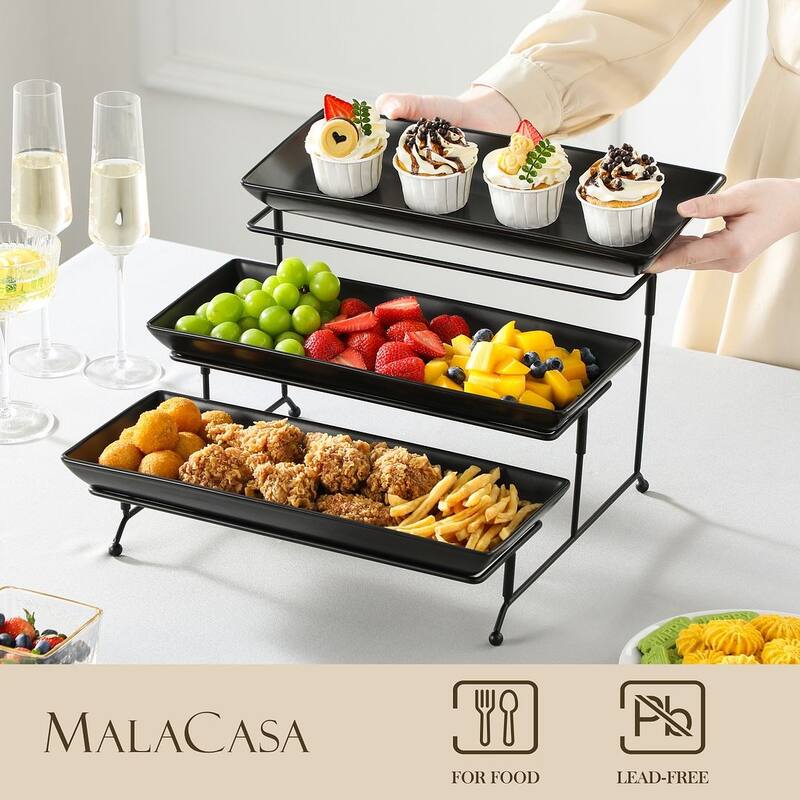 MALACASA PLAT 3-Tier 12" & 14" Porcelain Dessert Stand Black Iron Base