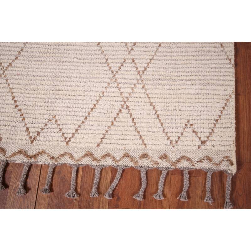 Ivory Trellis Moroccan Oriental Runner Rug Hand-Knotted Wool Carpet - 3'9"x 13'0"