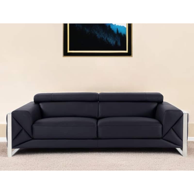 HomeRoots 89" Black Italian Leather Sofa With Silver Legs - 35" H x 89" W x 43" D