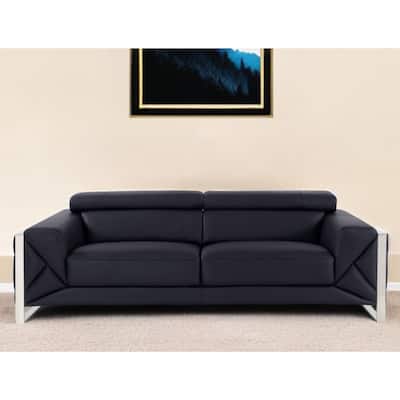 HomeRoots 89" Black Italian Leather Sofa With Silver Legs - 35" H x 89" W x 43" D