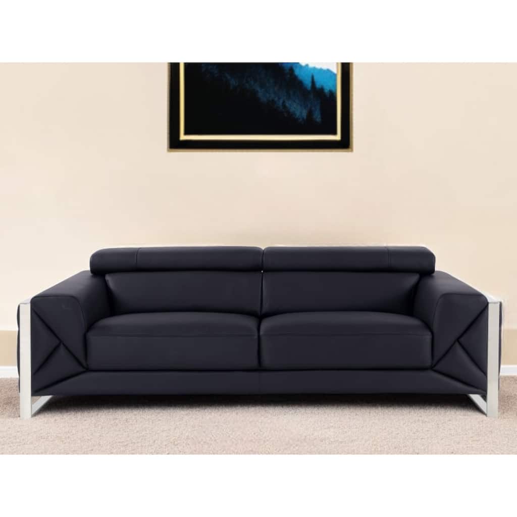 HomeRoots 89" Black Italian Leather Sofa With Silver Legs - 35" H x 89" W x 43" D