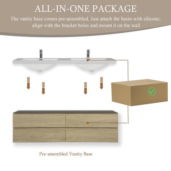 dimension image slide 2 of 4, Wall-Mounted Bathroom Vanity with White Solid Surface Top