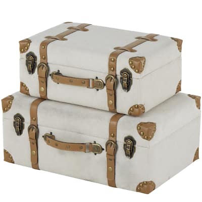 Wooden Vintage Storage Decorative Trunk with Brown Leather Accents and Bronze Latches - Set of 2 Light Gray - Roche River Decor