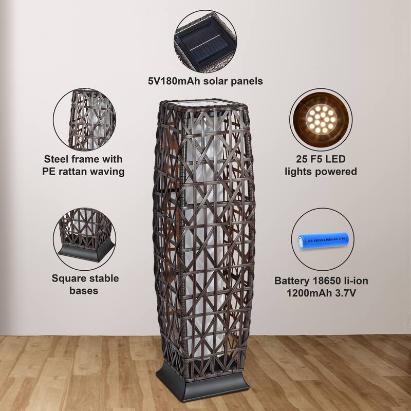 Tall Solar Floor Lantern Outdoor Rattan Light 7"x7"x27" Weatherproof