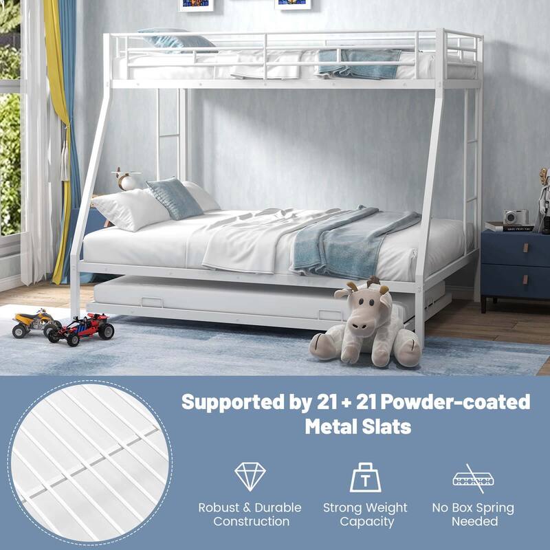 Costway Twin Over Full Metal Slats Bunk Bed Frame with Trundle, Guard