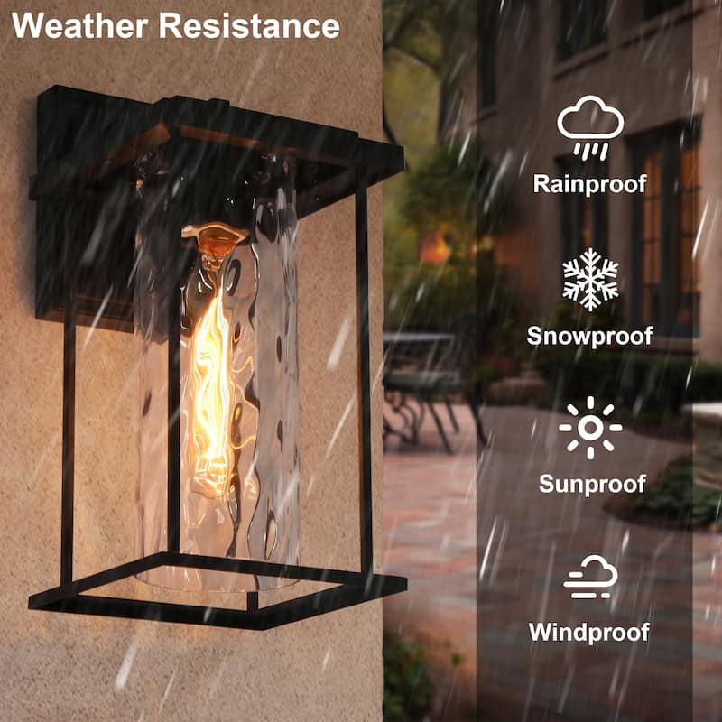 Modern Farmhouse 1-Light Black Outdoor Wall Sconce Water Ripple Glass Porch Lantern - L 13.4" x W 6.7" x H 8.3"