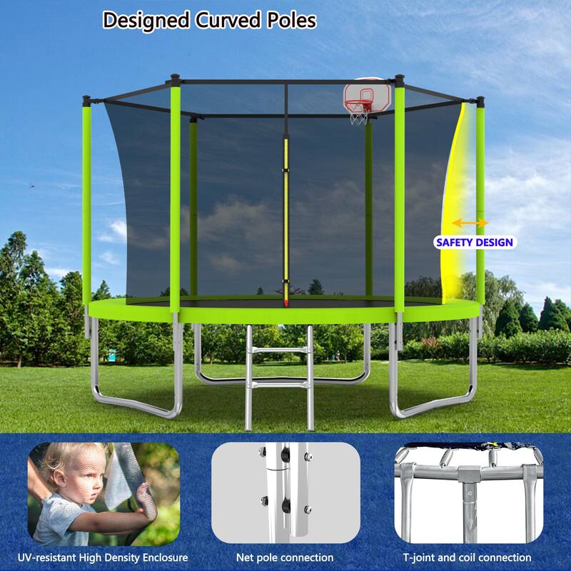 10FT Trampoline for Kids, Basketball Hoop and Ladder, Outdoor Kids Trampoline with Safety Enclosure for Backyard Fun