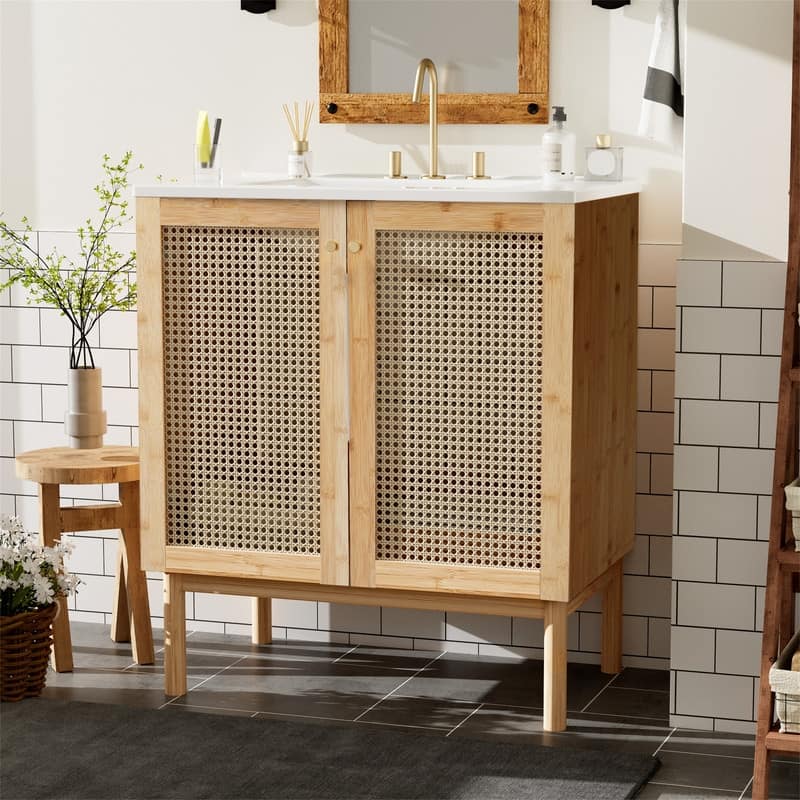 30'' Bathroom Vanity with Ceramic Sink Combo, Freestanding Bathroom Storage Cabinet with 2 Rattan Soft Close Doors