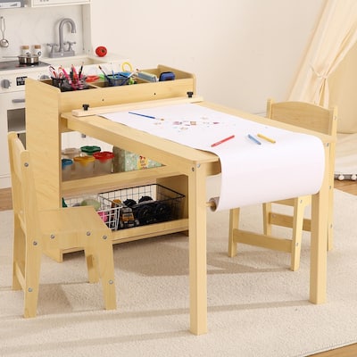 Kids Art Table with 2 Chairs, Activity Desk with Storage Shelves