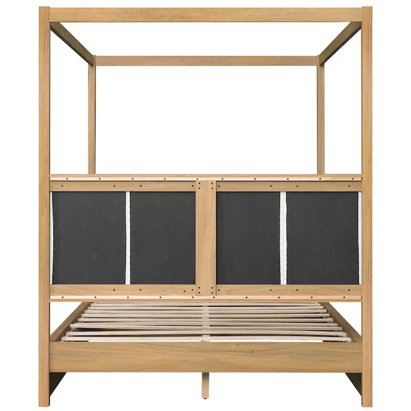 WAMPAT Modern Queen Size Canopy Bed Frame with Upholstered Headboard, Solid Wood 4 Poster Bed, No Box Spring Needed for Bedroom