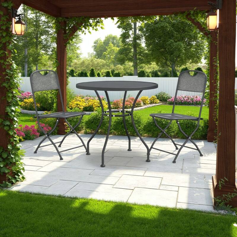 3pc Outdoor Patio Dining Table Set, 2 Chairs, Round Top, Black Metal