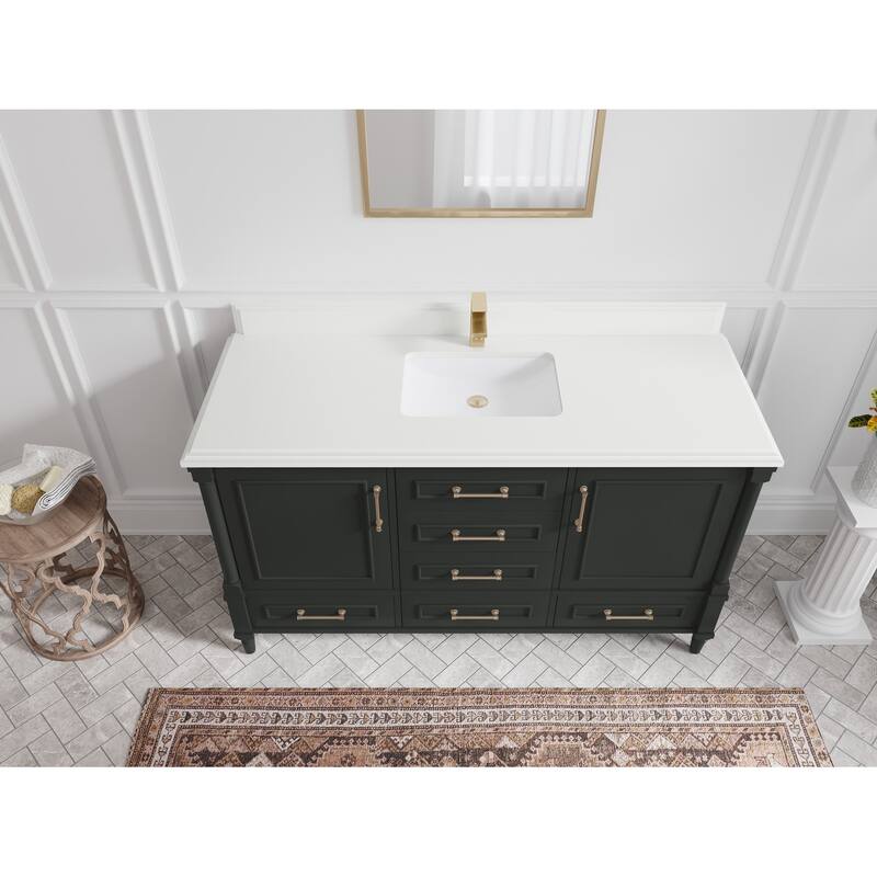 Willow Collections 60 in. W x 22 in. D Aberdeen Single Bowl Sink Bathroom Vanity with Countertop - 1.5" White Quartz - Black Top