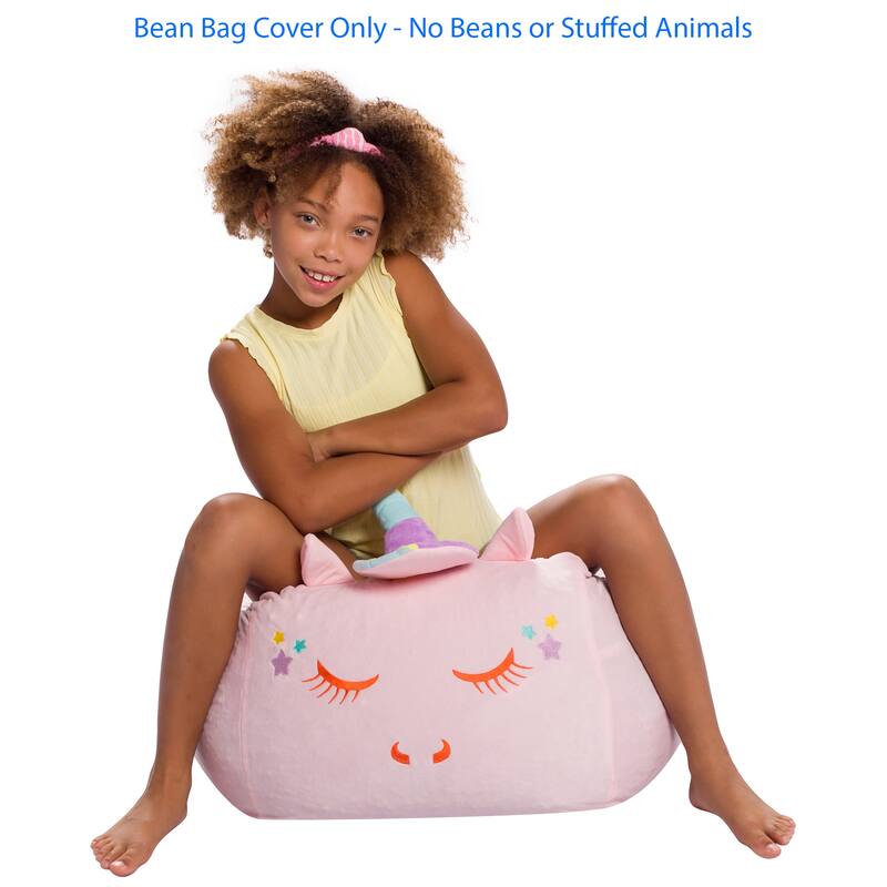 Stuffed Animal Storage Bean Bag Chair Cover only for Kids, Toy Holder - Medium - 18 inch - Pink Unicorn