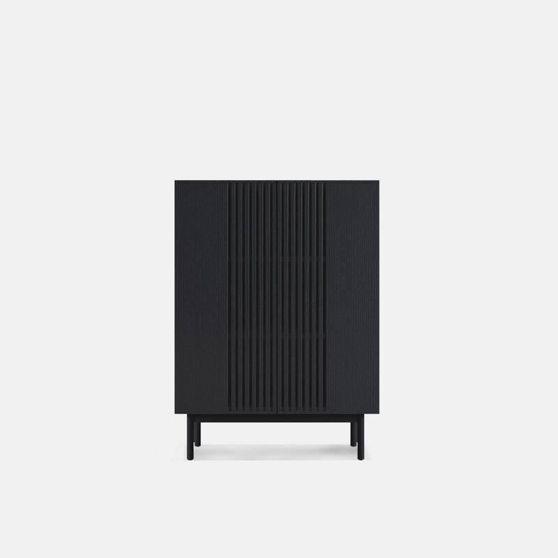 35.43'' Minimalist Side Cabinet，6 Compartments, Hollow-out Design, Solid Wood Veneer, Metal Legs, Black Accent Chest - 35.43