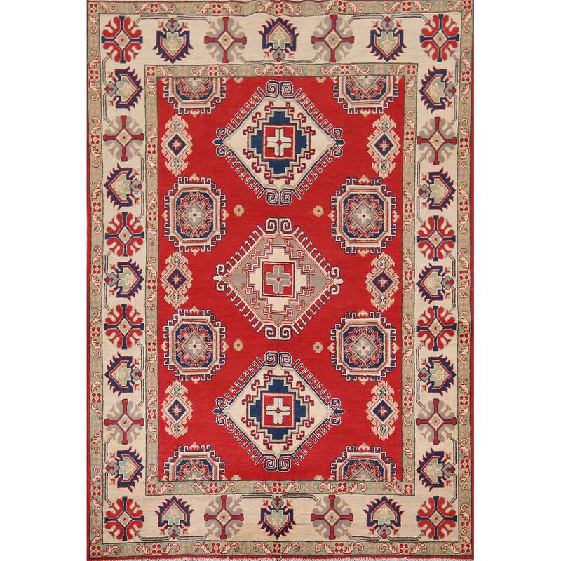 Geometric Kazak Rug Hand-Knotted Bedroom Red Wool Carpet - 5'9" x 7'7"