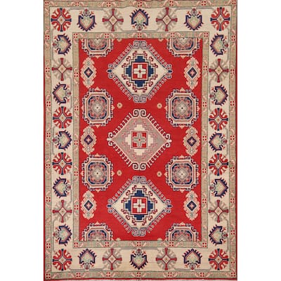 Geometric Kazak Rug Hand-Knotted Bedroom Red Wool Carpet - 5'9" x 7'7"