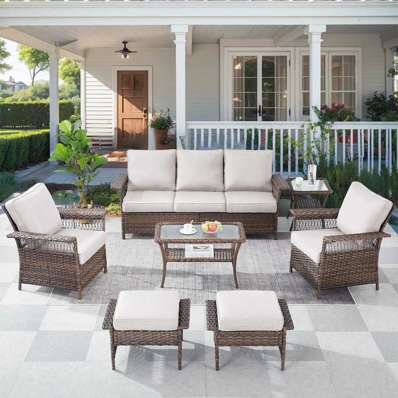 Patio Sofa with Club Chairs, Ottomans, Table - Beige - Brown
