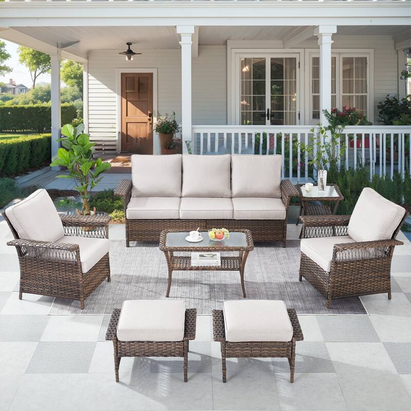 Pocassy Outdoor Swivel Chairs with Sofa Chair Ottoman and Table Set - Brown Wicker Beige Cushion - 7-Piece Sofa Patio Chair Ottoman with Table