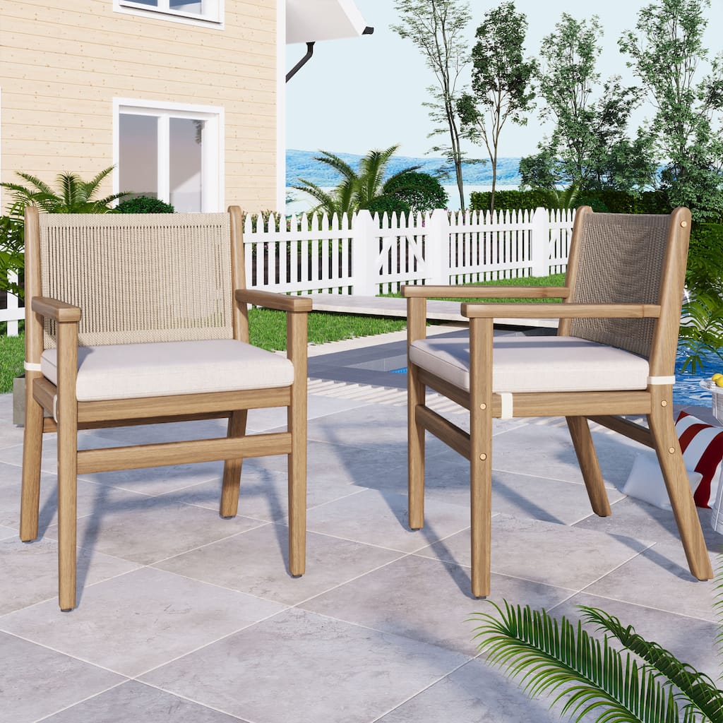 Roomfitters Outdoor Dining Chairs Set of 2, Acacia Wood Armchairs with Rope Back and Cushions, Patio Seating