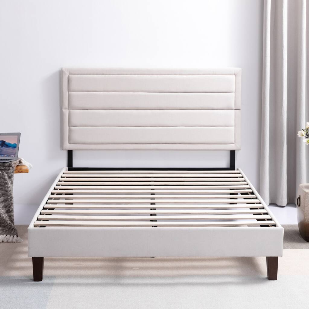 Upholstered Platform Bed Frame Full / Headboard and Storage /Wood Slat Support / Beige