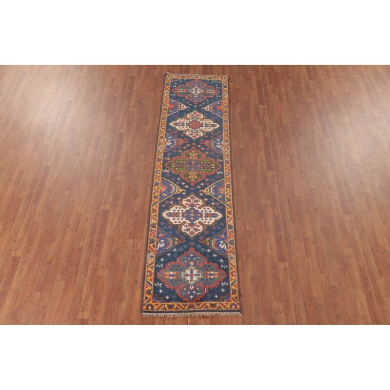 Blue Kazak Oriental Runner Rug Wool Carpet - 2'7"x 9'9"