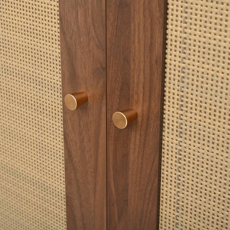 Anmytek 4-in-1 Hall Tree with Rattan Doors and Bench Storage Walnut Finish Entryway Cabinet