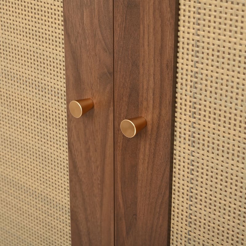 Farmhouse Widen Hall Tree with 4 Rattan Doors, Versatile 4-In-1 Seating Bench with 6 Hooks, Mid-Century Entryway Shoe Cabinet