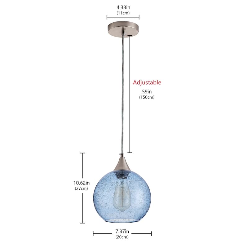 Farmhouse 1-Light Brushed Nickel Pendant Lamp with Blue Seeded Glass Shade