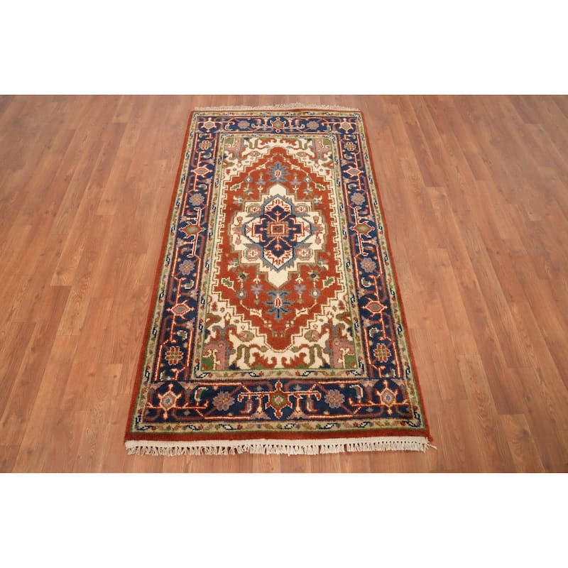 Hand Knotted Oriental 100% Wool Carpet Traditional Medallion Oranges & Rust Heriz (serapi) Area Rug - 5' 3'' X 2' 10''
