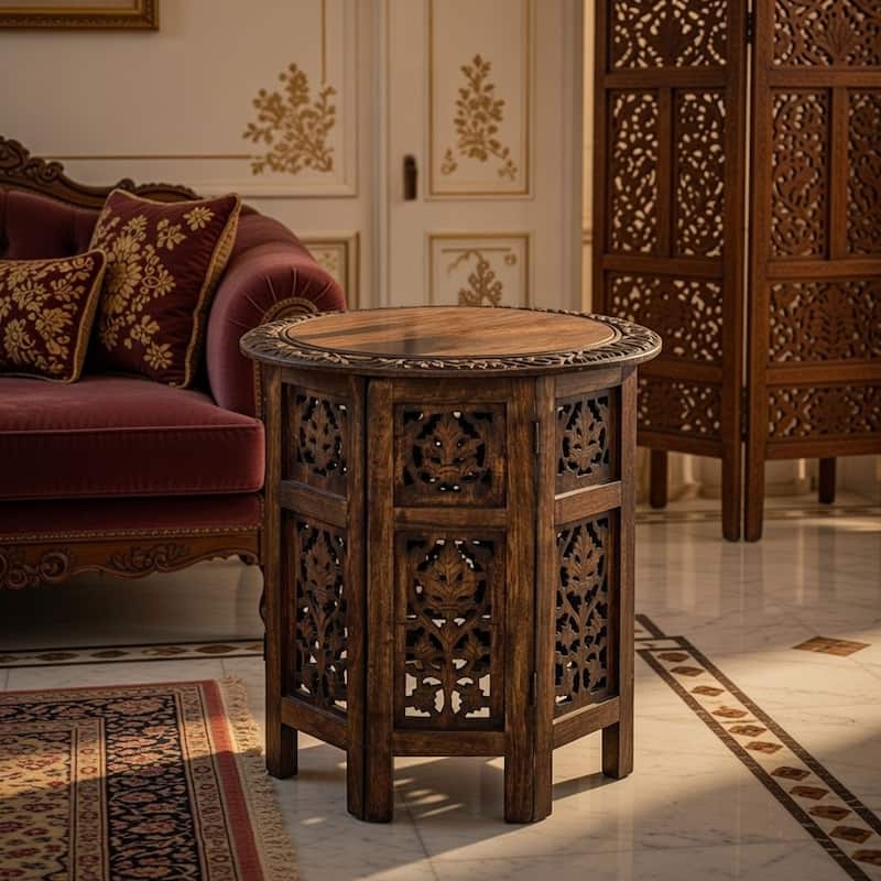 18 Inch Mango Wood Folding Accent Table, Hand Carved, Walnut Brown