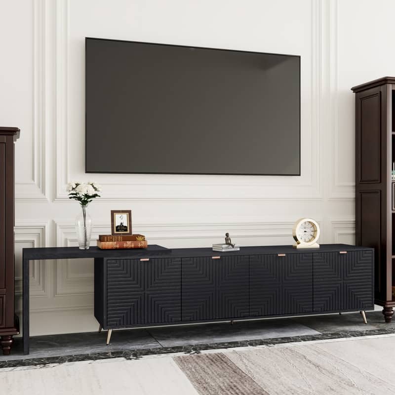 70"-90" Extendable TV Stand with Storage, Modern Adjustable Entertainment Center in Black - Real Wood Veneer