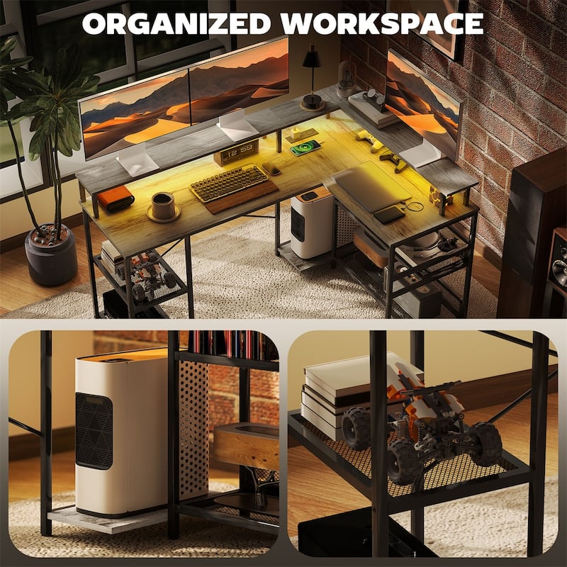 Shaped Desk with RGB LED Light USB Charging Ports Ergonomic Monitor Stands and Storage Shelves Sturdy Corner Office Workstation
