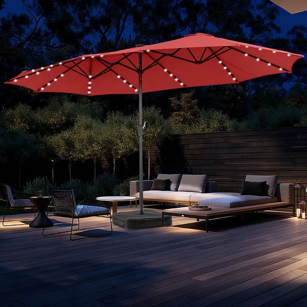 15 ft patio umbrella outdoor umbrella with crank & base 15 ft Outdoor Double-Sided Patio Umbrella with 48 Solar LED Lights and Umbrella Base Wine