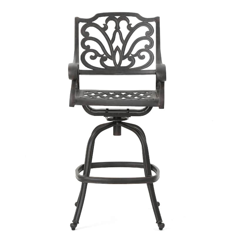 Outdoor Swivel Bar Height Chair, Ornate Bronze Aluminum Flared Base