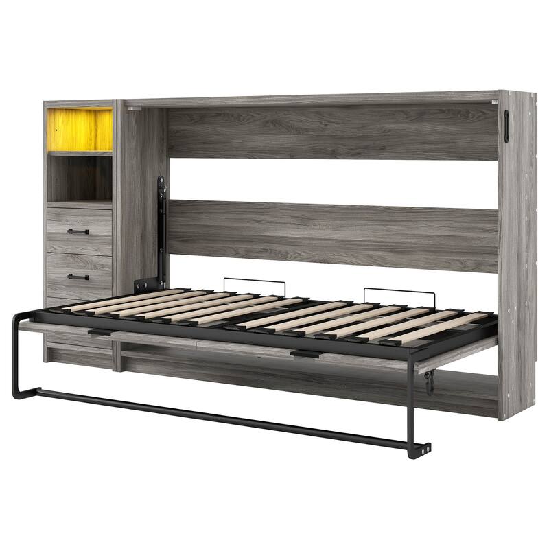 Space-Saving Foldable Twin Bed with Drawers, LED Light, and Cabinet, Gray