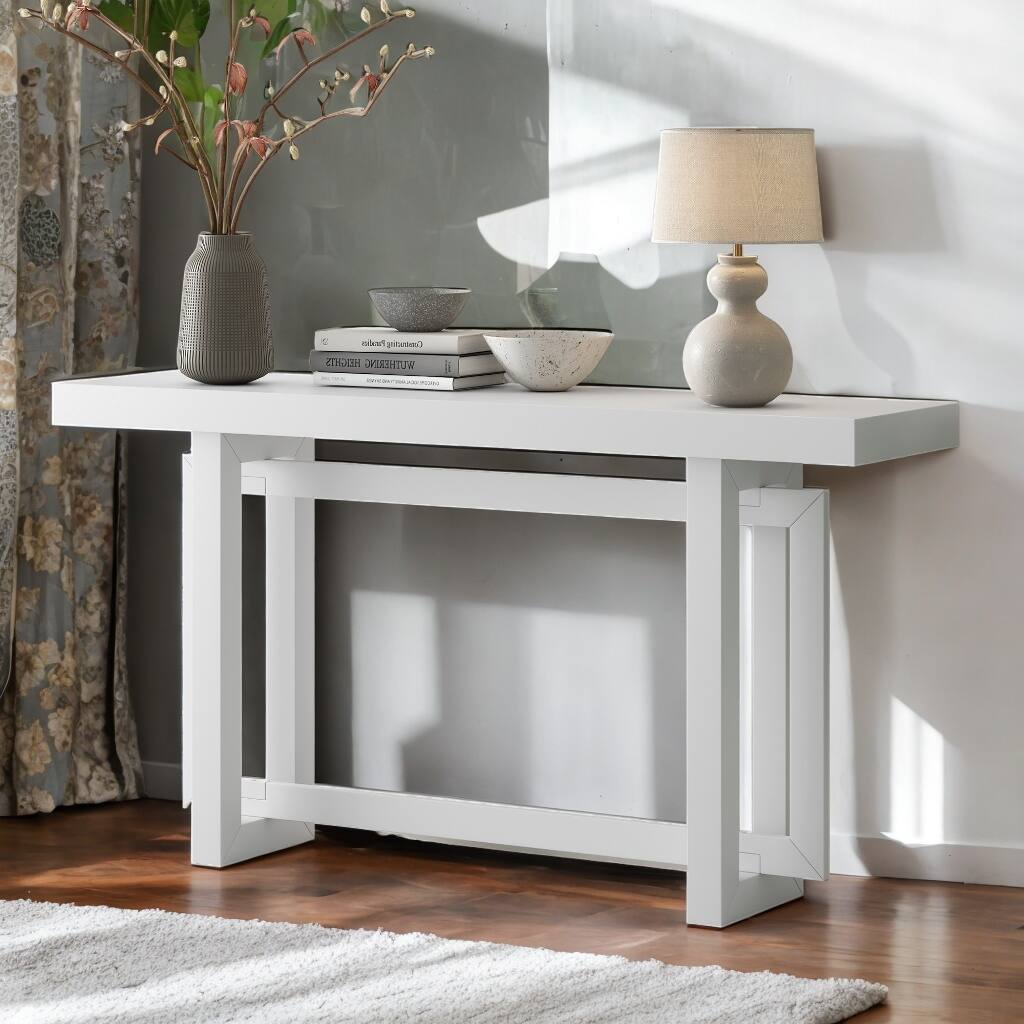 59" Contemporary White Console Table with Wood Top, Extra Long Entryway Table