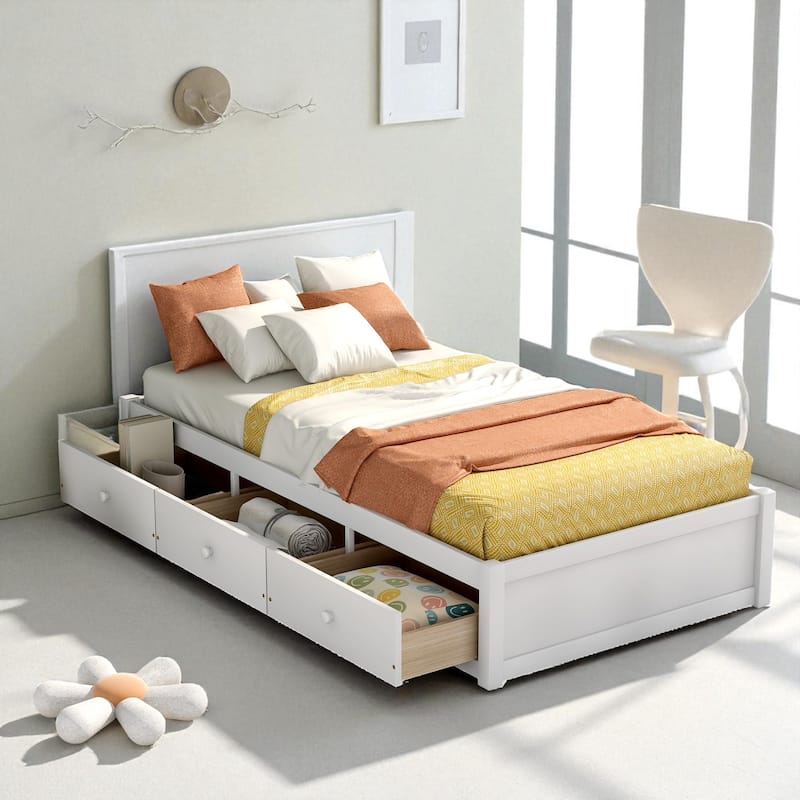 Twin Size Platform Bed with 3 Storage Drawers, Solid Pine Wood Frame and Slat Support - White - Twin