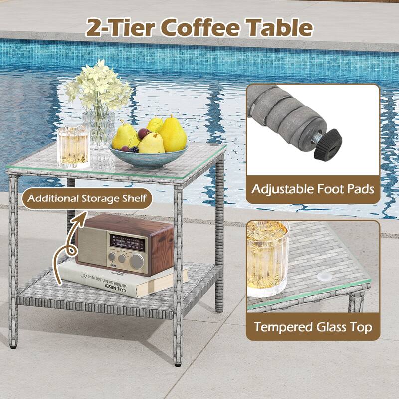 Gymax 3 Pieces Patio Furniture Set PE Rattan Porch Chairs w/ 2-Tier