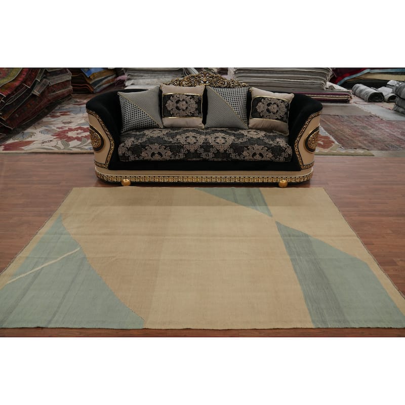 Hand Woven Oriental 100% Wool Carpet Southwestern Modern Beige & Ivories Kilim Area Rug - 8' 9'' X 5' 9''