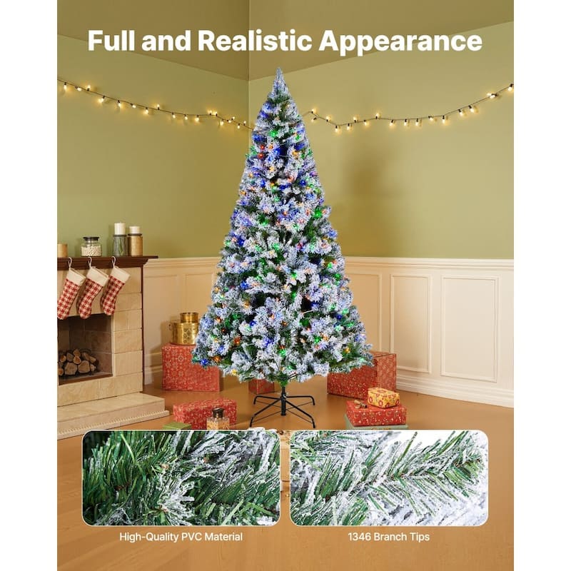 Green PVC and Iron 7.2x4.5 ft Snow Flocked Christmas Tree with 470 LED Lights - 4.5 x 7.2 ft