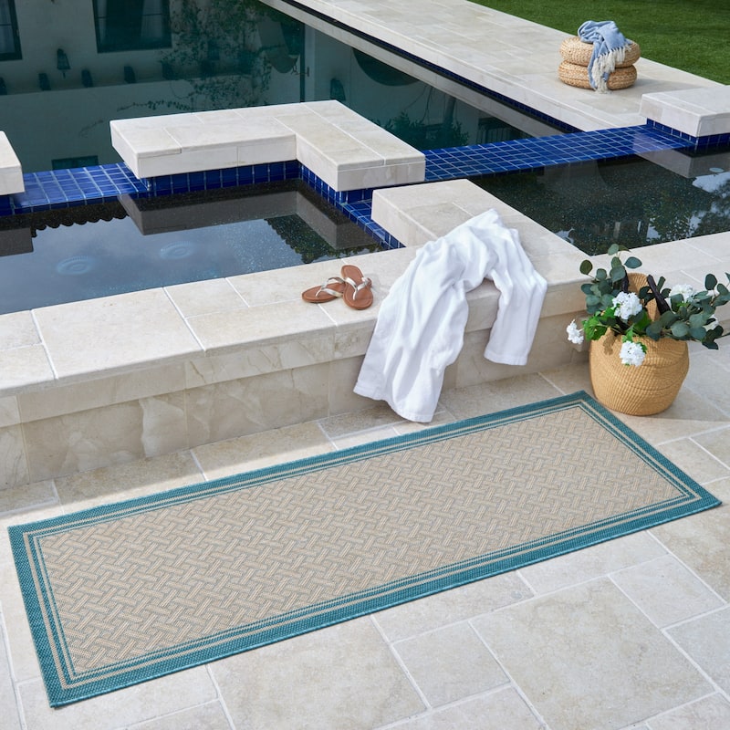 Gertmenian Paseo Soroa Oasis Aqua Blue Classic Border Flatweave Indoor/ Outdoor Area Rug