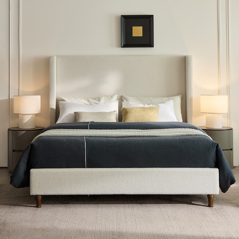 54" High Wingback Headboard Upholstered Bed For Bedroom - Cream White Boucle  - Queen
