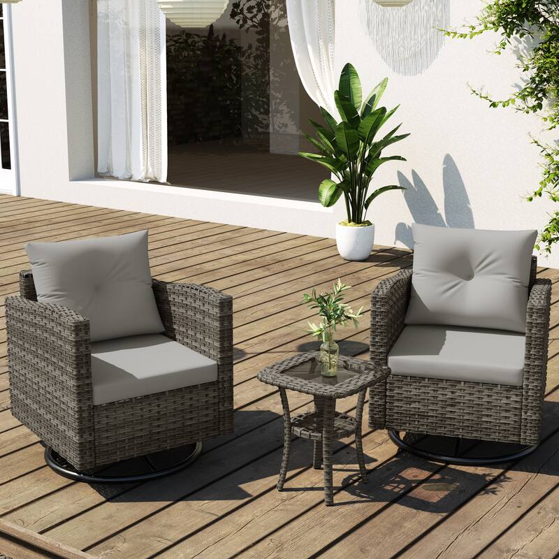 Outdoor 3-piece Swivel Chair Cushioned Rattan Conversation Set - Grey
