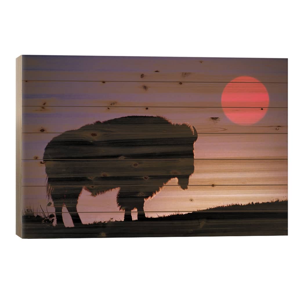Bison (American Buffalo) Silhouette At Sunrise, Yellowstone National Park, Wyoming, USA Print On Wood by Adam Jones