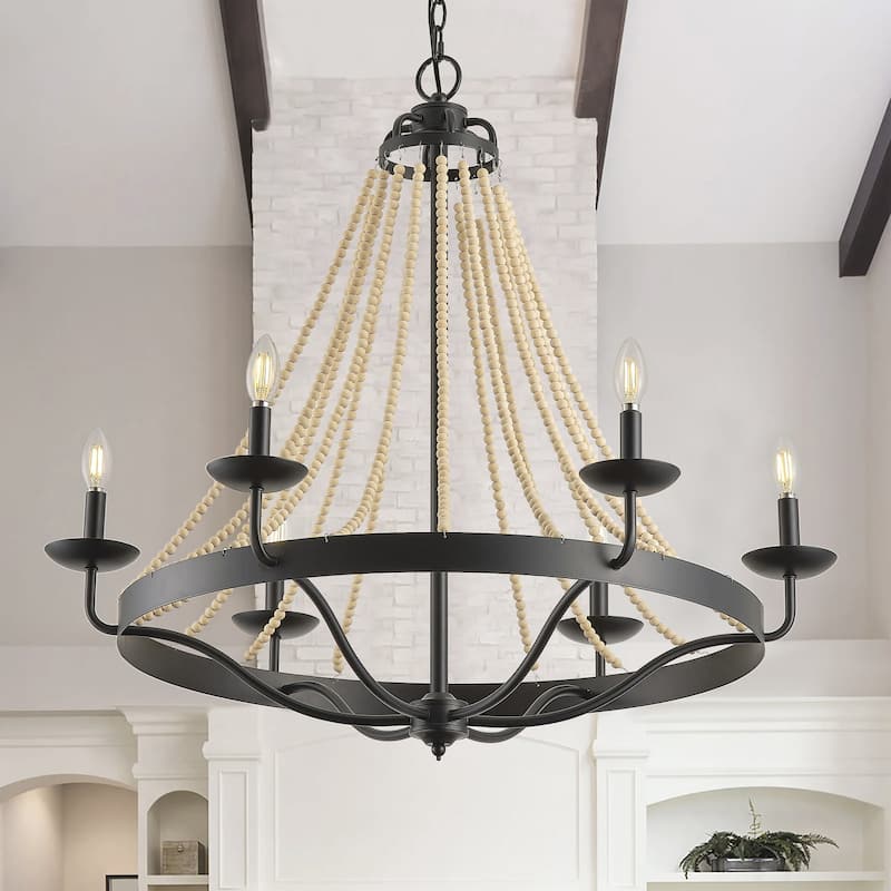 6-Lights Farmhouse Wood Bead Candle Chandelier - 32"D×4.7"W×96"H（Adjustable） - Black - 32"D×4.7"W×96"H（Adjustable）