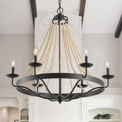 6-Lights Farmhouse Wood Bead Candle Chandelier - 32"D×4.7"W×96"H（Adjustable）