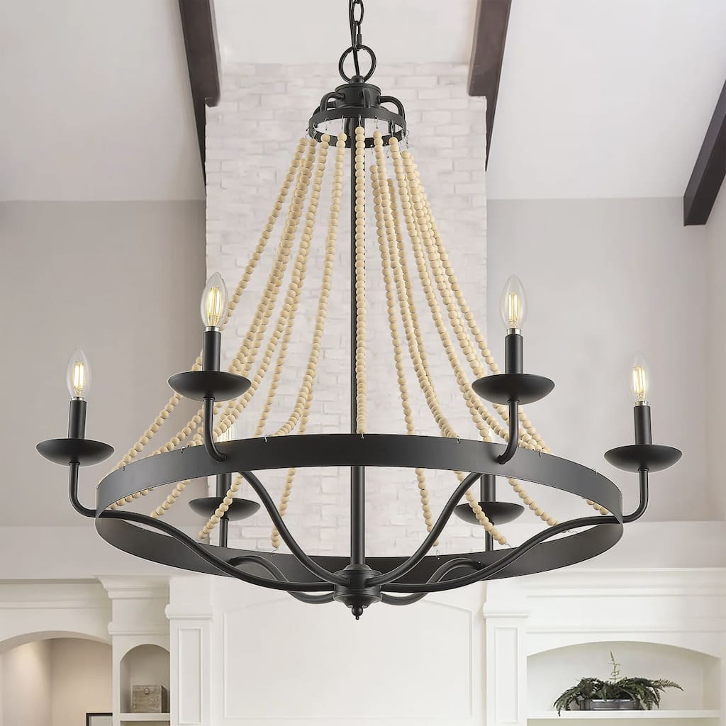 6-Lights Farmhouse Wood Bead Candle Chandelier - 32"D×4.7"W×96"H（Adjustable）